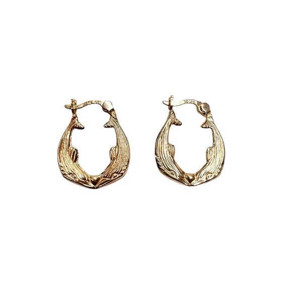 14K Pure Gold Double Dolphin Shaped Motif Hoop Earrings - Picture 3 of 11
